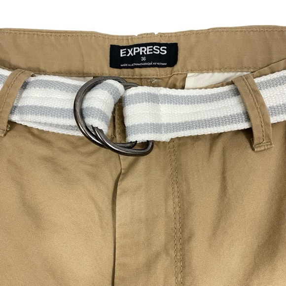 Express Mens Classic Fit At The Knee Shorts Size 36 Tan Belted Chino - Picture 3 of 11
